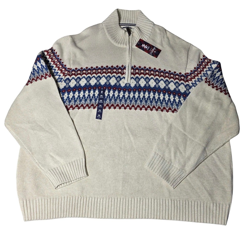 Izod Fair Isle Quarter 1/4 Zip Pullover Knit Sweater Mens 3XB Cream XMAS NWT